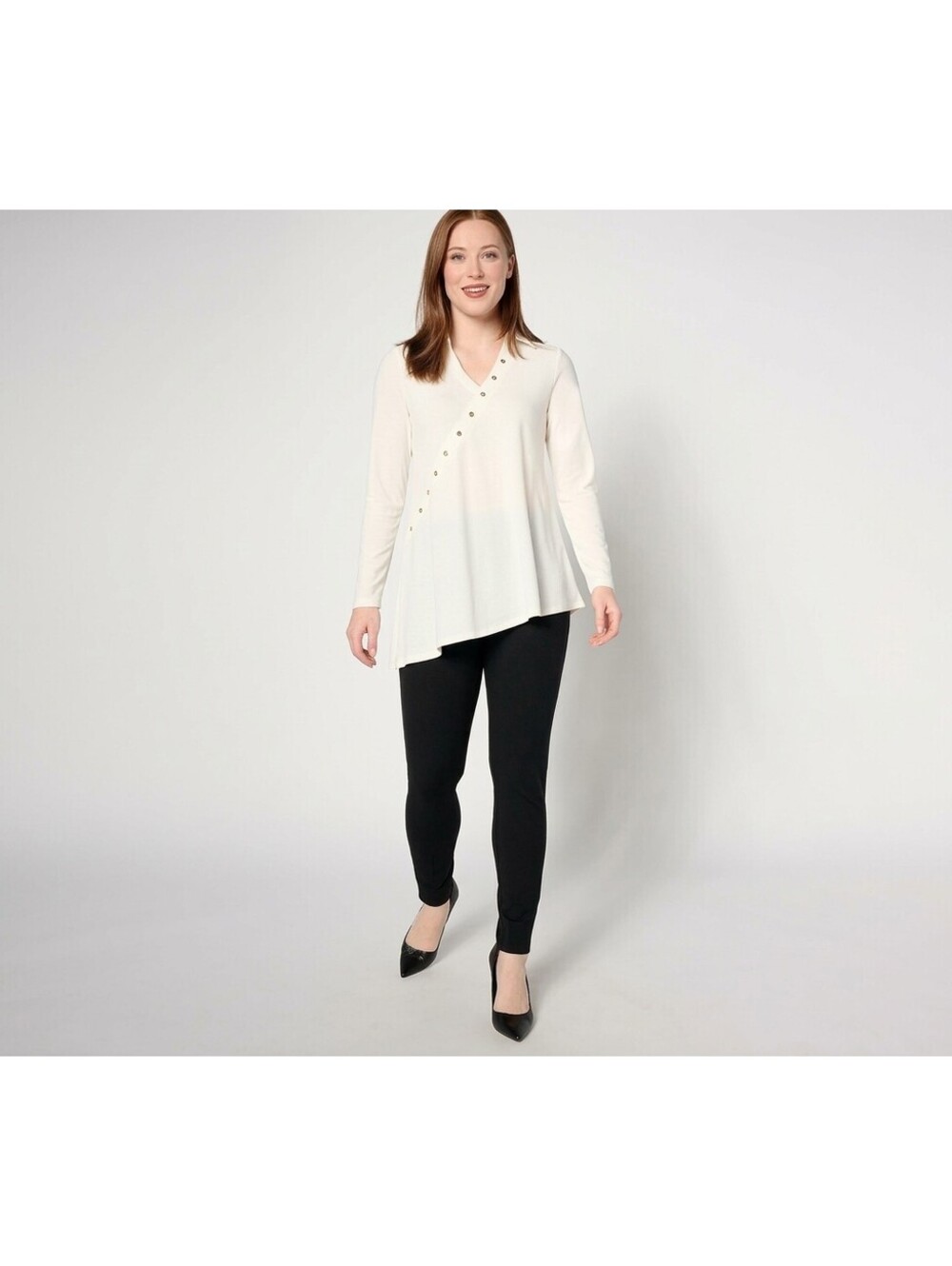 Women with Control Regular Pull-On Asymmetric Tunic & Pants Ivory, Size Medium